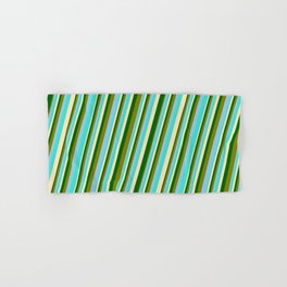 [ Thumbnail: Turquoise, Beige, Dark Green, Green & Sky Blue Colored Pattern of Stripes Hand & Bath Towel ]