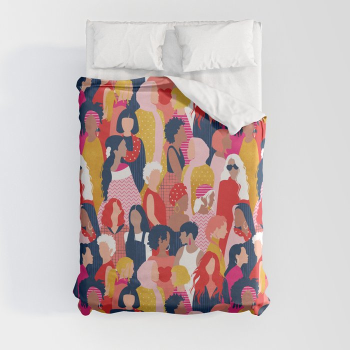 Every day we glow International Women's Day // midnight navy blue background pastel and fuchsia pink coral vivid red and gold humans  Duvet Cover