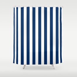 Dark Navy Blue and White Straight Vertical Stripes Shower Curtain