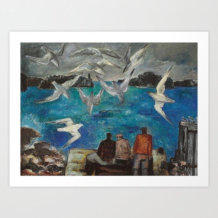 Blue Harbor, Seagulls with Fisherman at the Breakwaters nautical landscape by Bror Nordfeldt Art Print