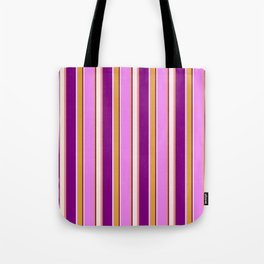 [ Thumbnail: Violet, Goldenrod, Purple & Beige Colored Lines Pattern Tote Bag ]