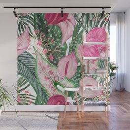 Tropical Jungle Leaves Anthurium Flowers Wall Mural