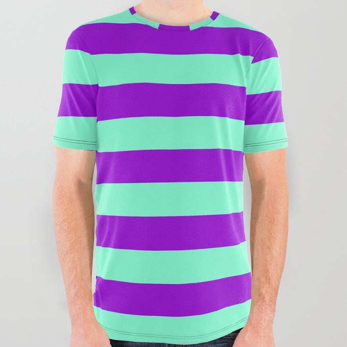 Aquamarine and Dark Violet Colored Striped Pattern All Over Graphic Tee