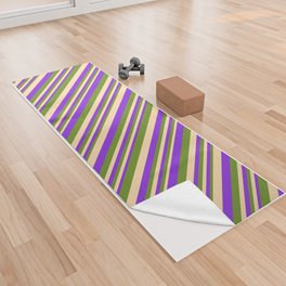 [ Thumbnail: Purple, Tan, and Green Colored Lines Pattern Yoga Towel ]