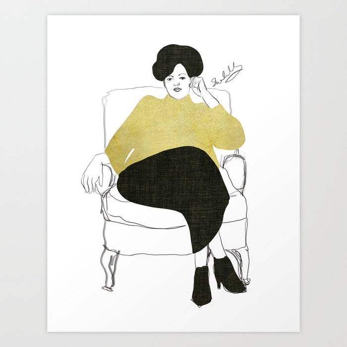 Woman Thinking, Gold Smock (Mixed Media Portrait) Art Print