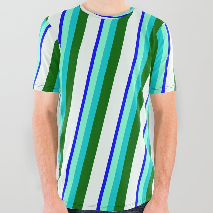 Blue, Aquamarine, Dark Turquoise, Dark Green & Mint Cream Colored Stripes/Lines Pattern All Over Graphic Tee