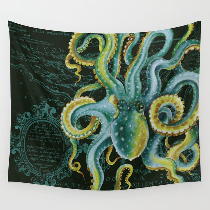 Green Octopus Vintage Map Dark Green Wall Tapestry by Seven Sirens Studios Society6