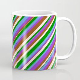 [ Thumbnail: Colorful Cornflower Blue, Dark Orchid, Brown, Beige & Green Colored Lined/Striped Pattern Coffee Mug ]