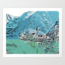 Hallstatt Village Landscape | Morning View | Austria | Europe | Travel Photo | Alpine Mountain | Lakeside Art Print