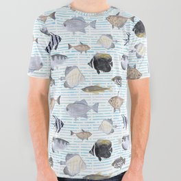 Fish Pattern - Cool Seacoast Watercolor All Over Graphic Tee