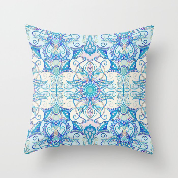 Teal Blue, Pearl & Pink Floral Pattern Throw Pillow