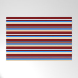 [ Thumbnail: Blue, Tan, and Maroon Colored Lined Pattern Welcome Mat ]
