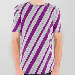[ Thumbnail: Light Grey & Purple Colored Striped Pattern All Over Graphic Tee ]