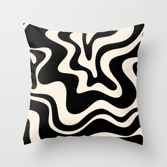 Retro Liquid Swirl Abstract Pattern 3 in Black and Almond Cream Throw Pillow