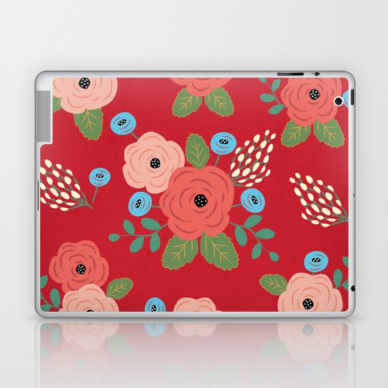 Flower Pattern, Pink Blue Flowers on Red, Vintage Floral Design Laptop & iPad Skin