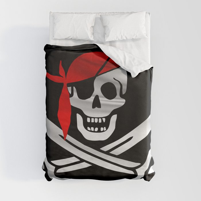 Jolly Roger pirate waving flag with skull and swords with red bandana on a silk drape  Duvet Cover