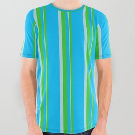 [ Thumbnail: Deep Sky Blue, Lime Green, and Powder Blue Colored Striped Pattern All Over Graphic Tee ]