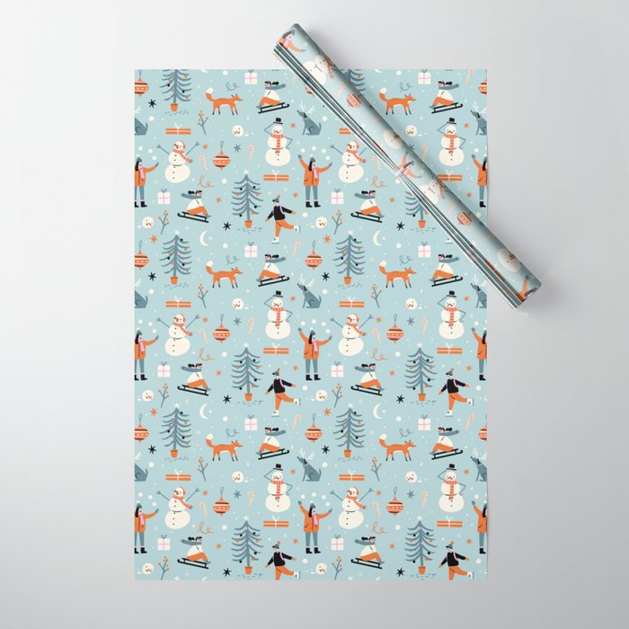 Christmas Scene Blue Wrapping Paper