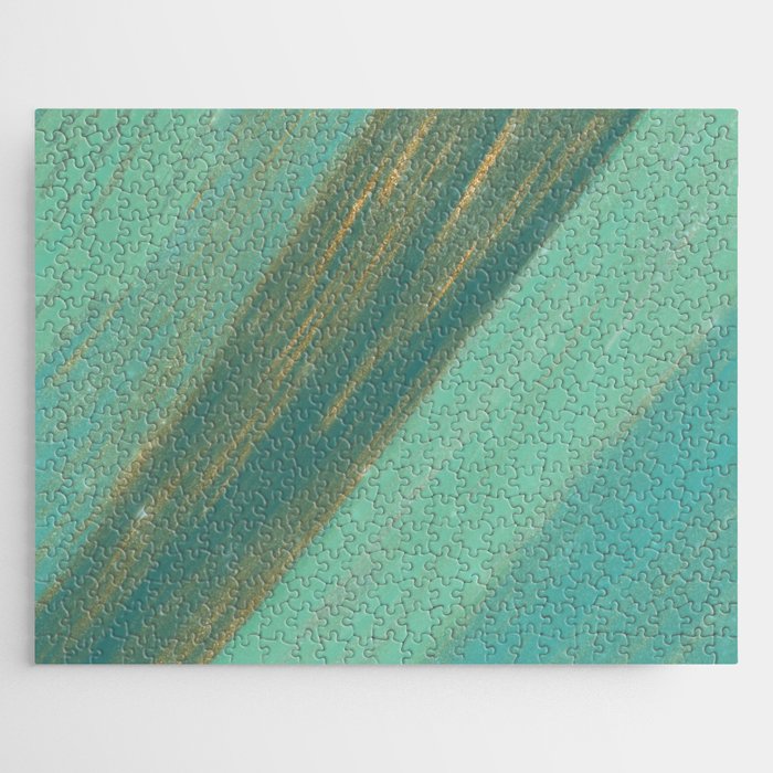 Abstract gold glitter teal mint watercolor brushstrokes Jigsaw Puzzle