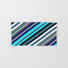 [ Thumbnail: Aqua, Black, White, Dim Gray & Midnight Blue Colored Stripes/Lines Pattern Hand & Bath Towel ]