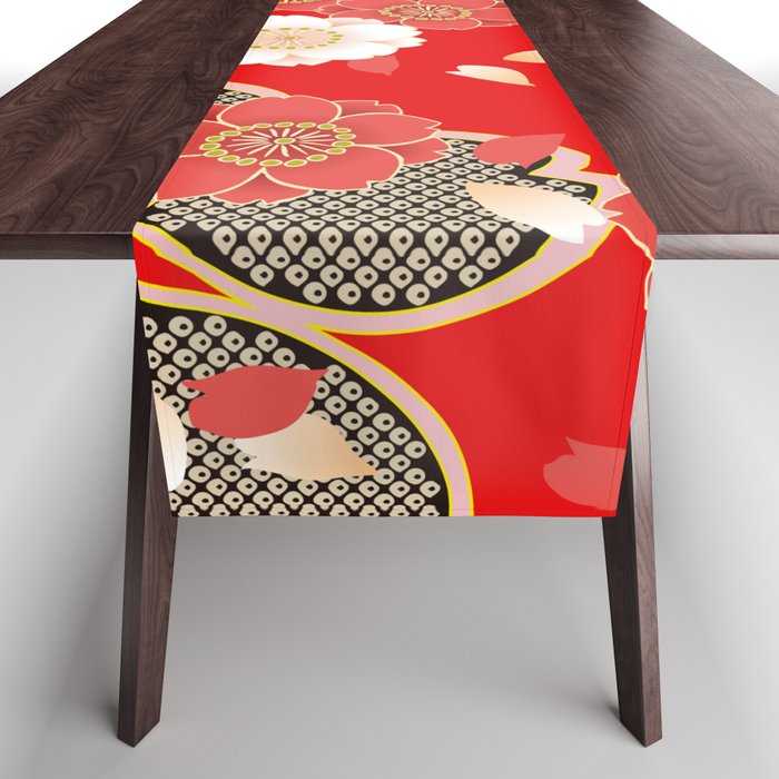 Japanese Vintage Red Black White Floral Kimono Pattern Table Runner by