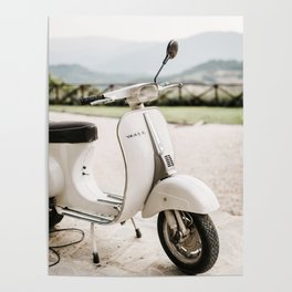 Black and White Vintage Vespa with a view. Minimalistic print - fine art photography Poster