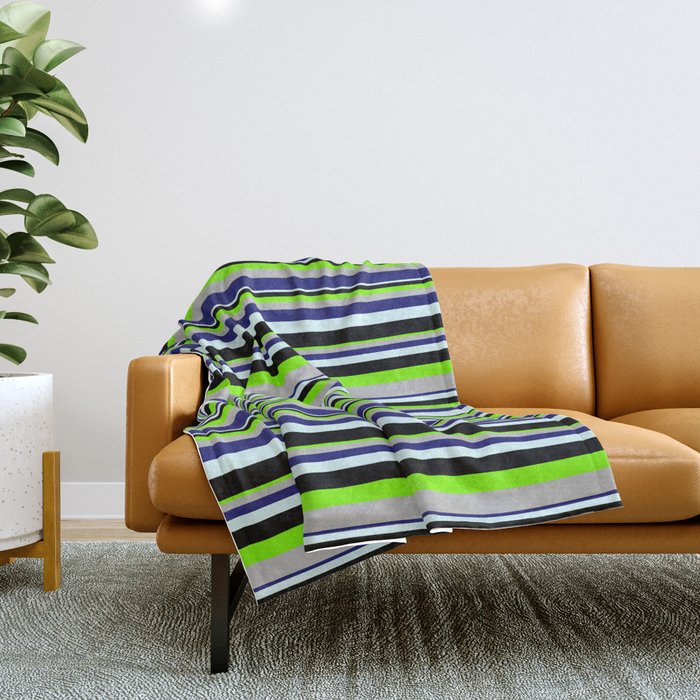 Vibrant Chartreuse, Grey, Midnight Blue, Light Cyan & Black Colored Lined/Striped Pattern Throw Blanket