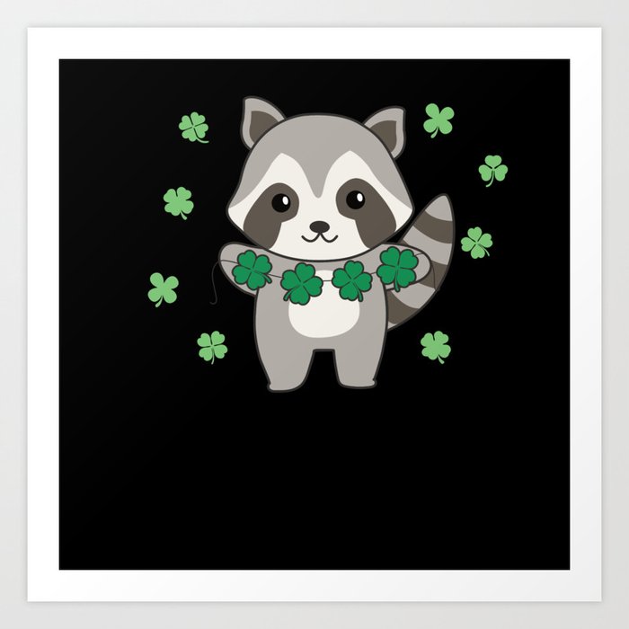 Raccoon With Shamrocks Cute Animals For Luck Art Print