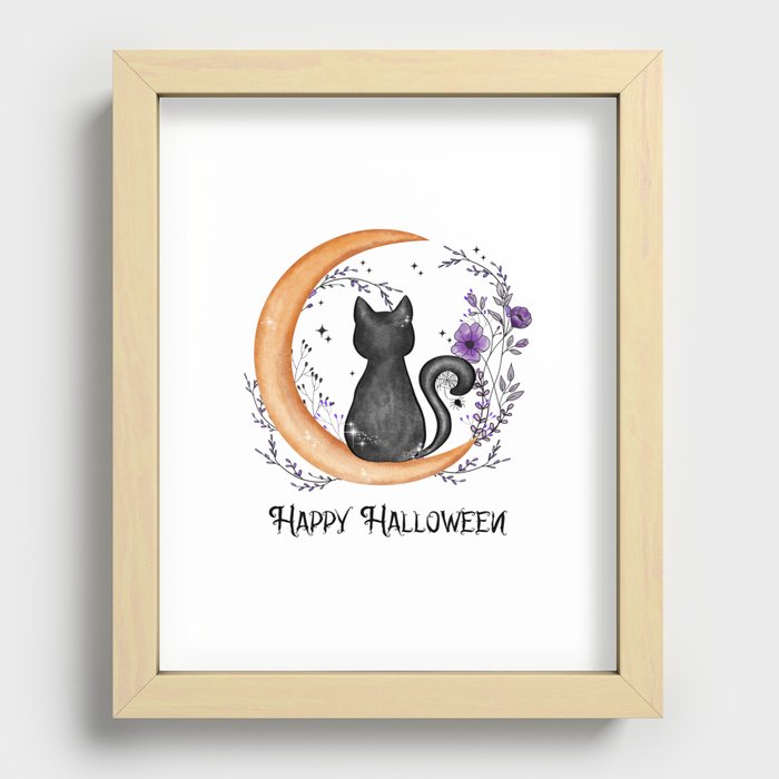 Happy Halloween cat in moon silhouette Recessed Framed Print