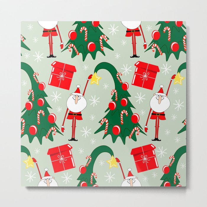 Christmas Seamless Pattern Cute Cartoon Tall Santa Pulls Put a Star From a Decorated Christmas Tree. Children's Decor Metal Print