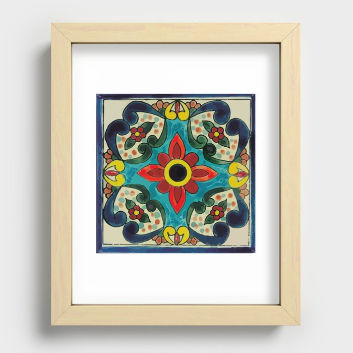 Colorful flower bouquet mexican tile floral pattern Recessed Framed Print