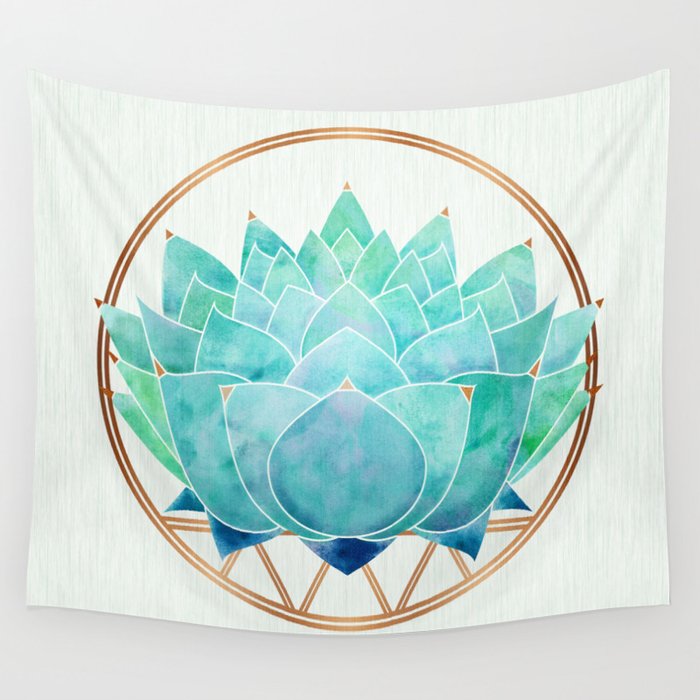 Modern Succulent with Metallic Gold Watercolor Wall Tapestry