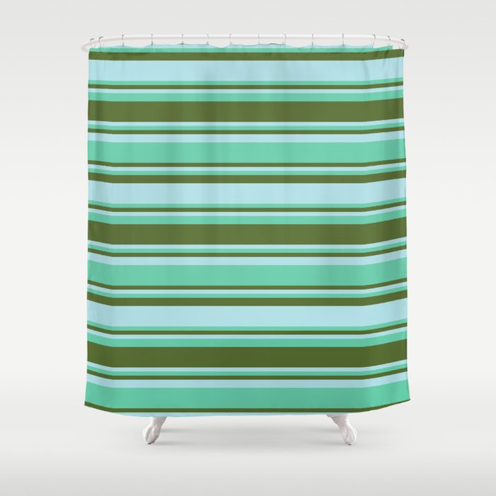 Aquamarine, Dark Olive Green, and Powder Blue Colored Stripes/Lines Pattern Shower Curtain