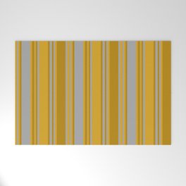 [ Thumbnail: Dark Gray, Dark Goldenrod, and Goldenrod Colored Pattern of Stripes Welcome Mat ]