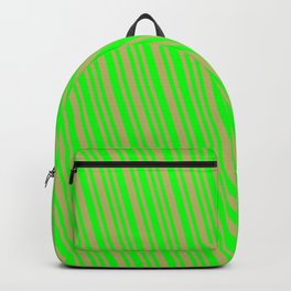 [ Thumbnail: Dark Khaki & Lime Colored Striped Pattern Backpack ]