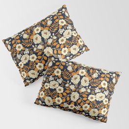 Navy Blue, Orange, Cream, Gold & White Floral Pattern Pillow Sham
