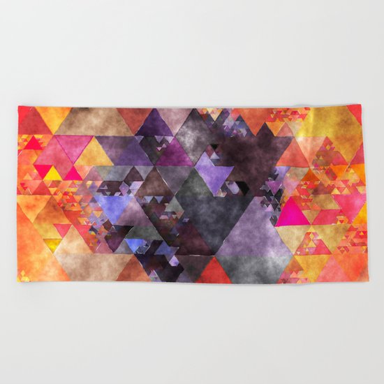 Abstract fire red yellow blue Triangle pattern- Watercolor Illustration Beach Towel