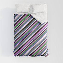 [ Thumbnail: Violet, Forest Green, Slate Blue, White & Black Colored Pattern of Stripes Comforter ]