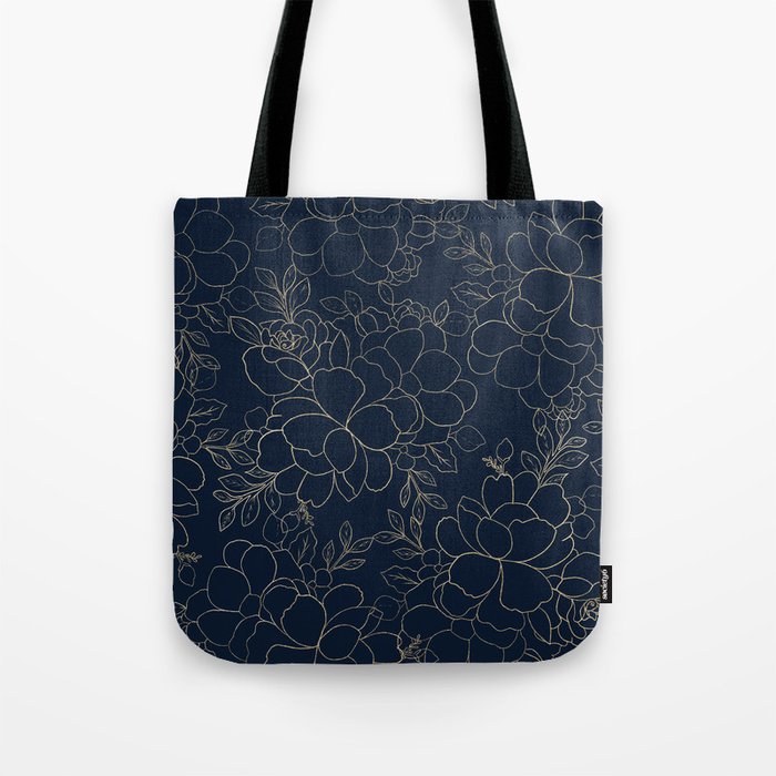 Stylish navy blue gold hand drawn floral Tote Bag