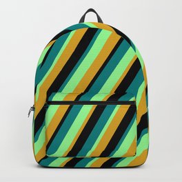 [ Thumbnail: Green, Goldenrod, Black, and Teal Colored Lined/Striped Pattern Backpack ]