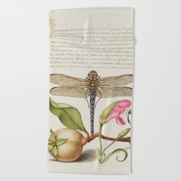 Calligraphic art with Dragonfly and fruit Beach Towel