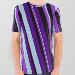 [ Thumbnail: Indigo, Light Blue, Dark Orchid & Black Colored Striped Pattern All Over Graphic Tee ]