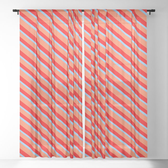 Coral, Red & Light Sky Blue Colored Stripes/Lines Pattern Sheer Curtain