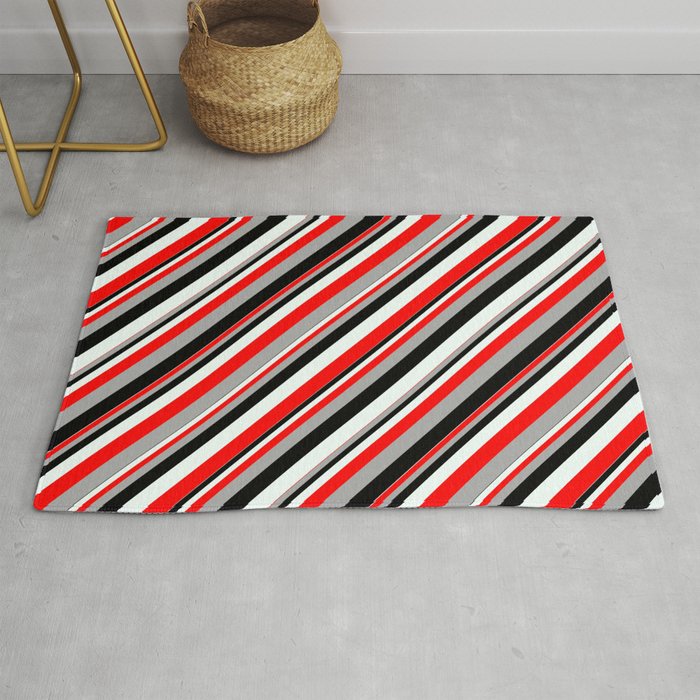 Red, Dark Grey, Black, and Mint Cream Colored Lined Pattern Rug