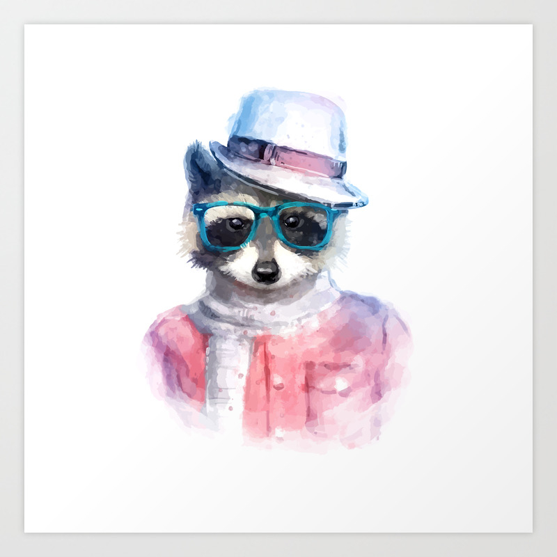 Cute Fashion Hipster Animals Pets Raccoon Art Print By Krol | Society6