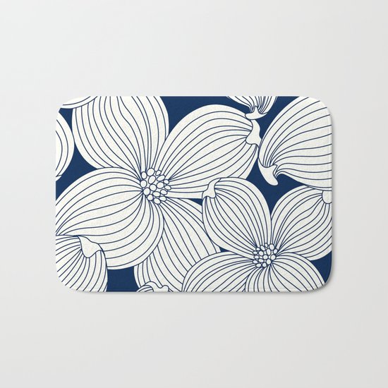 Dogwood Big Linear Floral: Navy Ivory Bath Mat