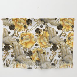 Japanese Crane pattern with Yellow peonies on White Wall Hanging