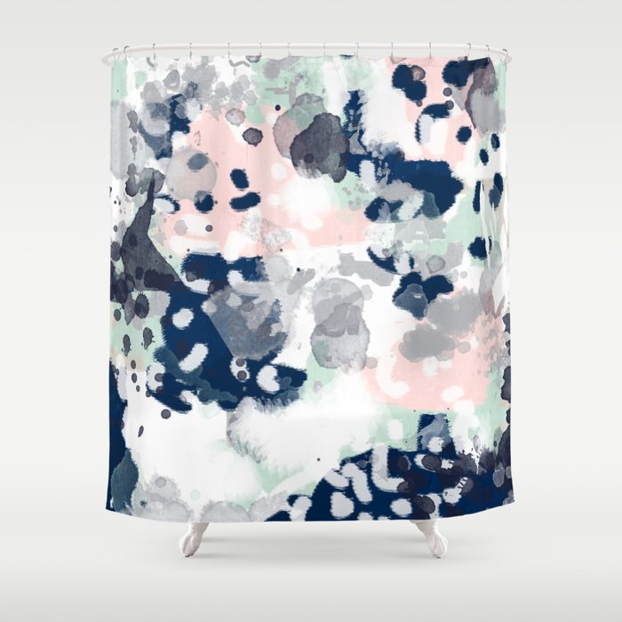 Melia - abstract minimal painting acrylic watercolor nursery mint navy pink Shower Curtain