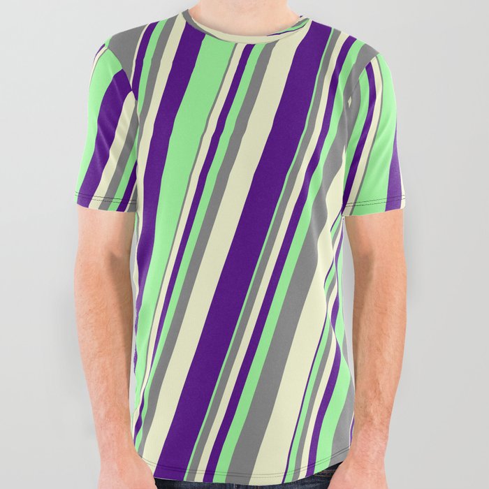 Grey, Light Yellow, Indigo, and Green Colored Lines/Stripes Pattern All Over Graphic Tee