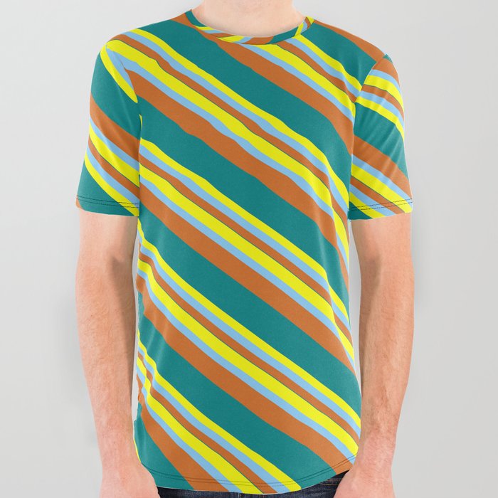 Yellow, Light Sky Blue, Chocolate & Teal Colored Pattern of Stripes All Over Graphic Tee